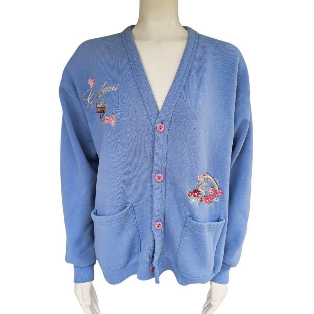 Vintage B-Wear Grandma Embroidered Cardigan Blue Button Sweater Women’s L USA